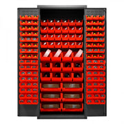 Durham Heavy Duty Cabinet, 14 Gauge, 36 x 24 x 84, 138 Red Bins, Flush Doors with Louvered Panel