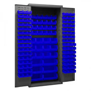 Durham Heavy Duty Cabinet, 14 Gauge, 36 x 24 x 84, 138 Blue Bins, Flush Doors with Louvered Panel