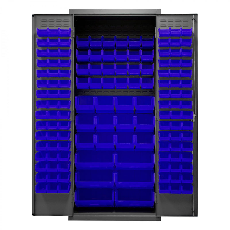 Durham Heavy Duty Cabinet, 14 Gauge, 36 x 24 x 84, 138 Blue Bins, Flush Doors with Louvered Panel
