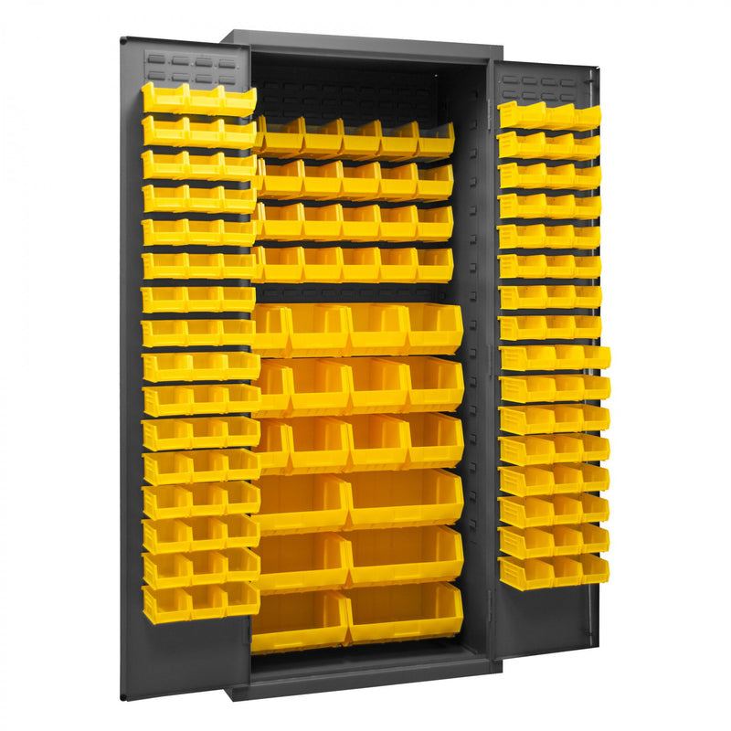 Durham Heavy Duty Cabinet, 14 Gauge, 36 x 24 x 84, 138 Yellow Bins, Flush Doors with Louvered Panel