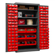 Durham Heavy Duty Cabinet, 14 Gauge, 36 x 24 x 72, 3 Adjustable Shelves, 102 Red Bins