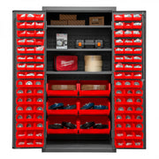 Durham Heavy Duty Cabinet, 14 Gauge, 36 x 24 x 72, 3 Adjustable Shelves, 102 Red Bins