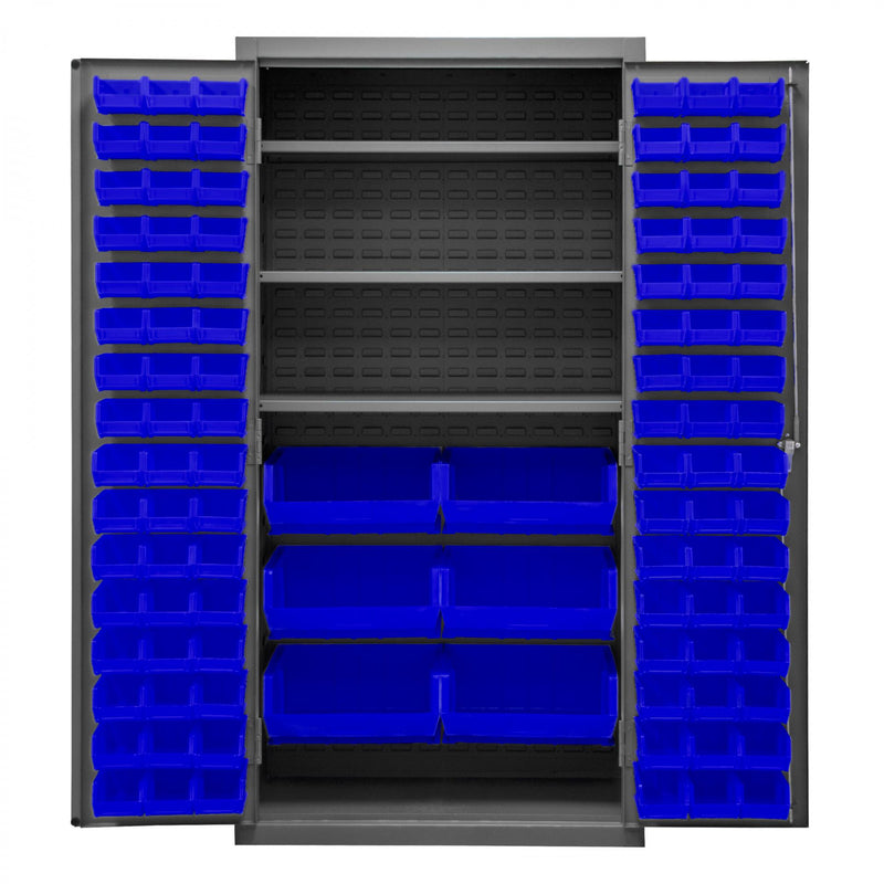 Durham Heavy Duty Cabinet, 14 Gauge, 36 x 24 x 72, 3 Adjustable Shelves, 102 Blue Bins