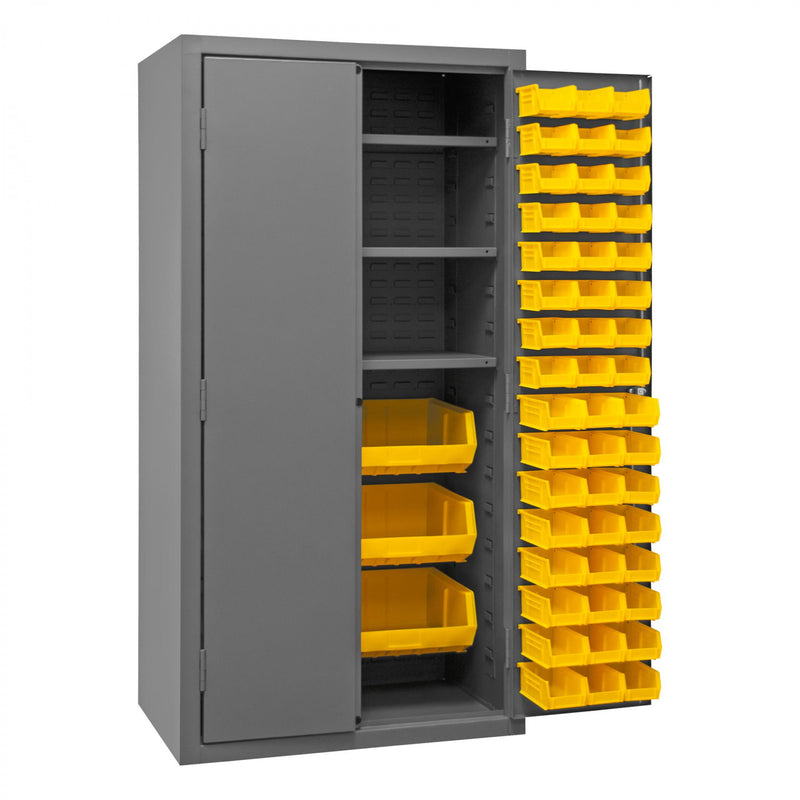 Durham Heavy Duty Cabinet, 14 Gauge, 36 x 24 x 72, 3 Adjustable Shelves, 102 Yellow Bins