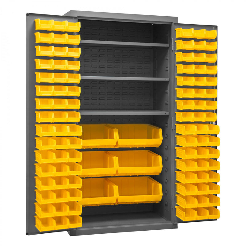 Durham Heavy Duty Cabinet, 14 Gauge, 36 x 24 x 72, 3 Adjustable Shelves, 102 Yellow Bins