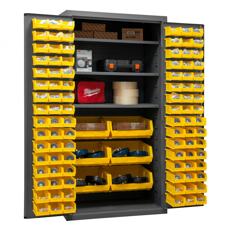 Durham Heavy Duty Cabinet, 14 Gauge, 36 x 24 x 72, 3 Adjustable Shelves, 102 Yellow Bins