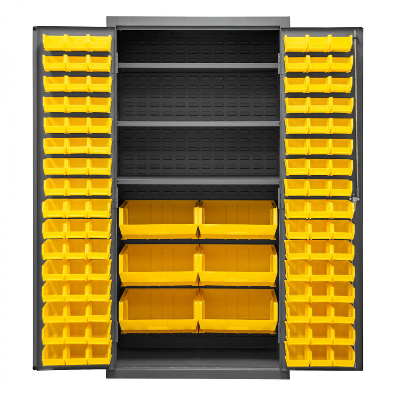 Durham Heavy Duty Cabinet, 14 Gauge, 36 x 24 x 72, 3 Adjustable Shelves, 102 Yellow Bins