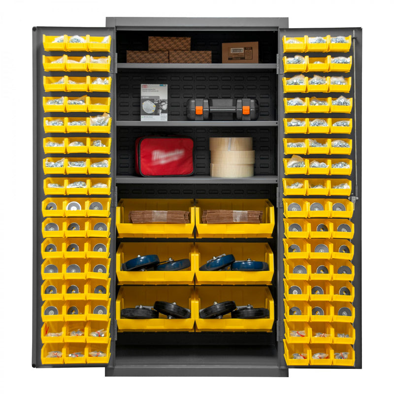 Durham Heavy Duty Cabinet, 14 Gauge, 36 x 24 x 72, 3 Adjustable Shelves, 102 Yellow Bins