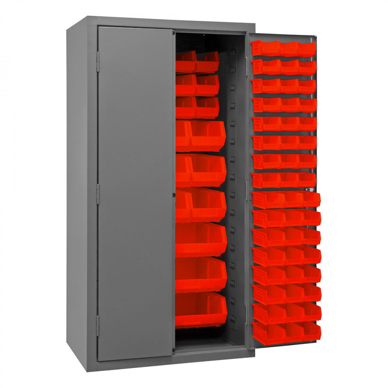 Durham Heavy Duty Cabinet, 14 Gauge, 36 x 24 x 72, 132 Red Bins, Flush Doors with Louvered Panel, Gray