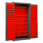 Durham Heavy Duty Cabinet, 14 Gauge, 36 x 24 x 72, 132 Red Bins, Flush Doors with Louvered Panel, Gray