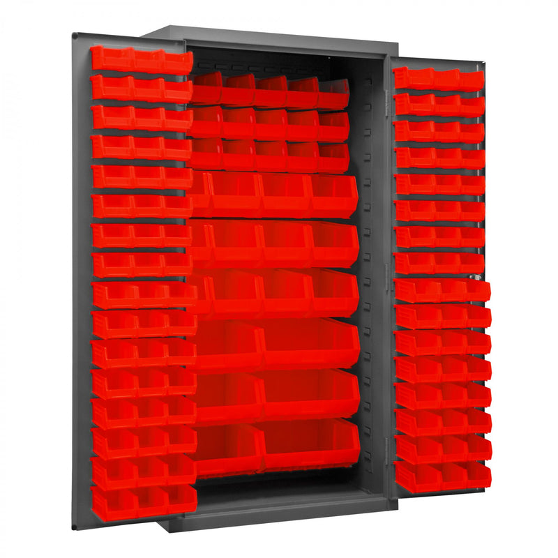 Durham Heavy Duty Cabinet, 14 Gauge, 36 x 24 x 72, 132 Red Bins, Flush Doors with Louvered Panel, Gray