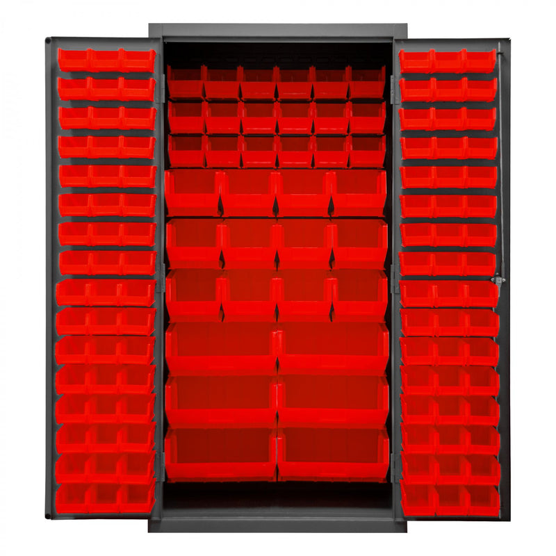 Durham Heavy Duty Cabinet, 14 Gauge, 36 x 24 x 72, 132 Red Bins, Flush Doors with Louvered Panel, Gray