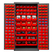 Durham Heavy Duty Cabinet, 14 Gauge, 36 x 24 x 72, 132 Red Bins, Flush Doors with Louvered Panel, Gray
