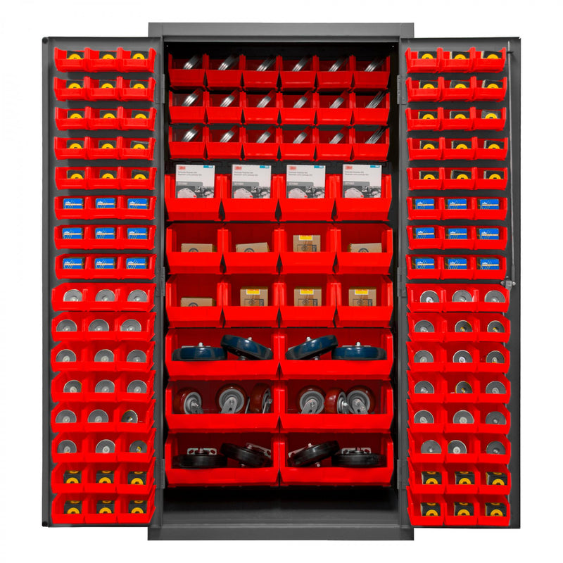 Durham Heavy Duty Cabinet, 14 Gauge, 36 x 24 x 72, 132 Red Bins, Flush Doors with Louvered Panel, Gray