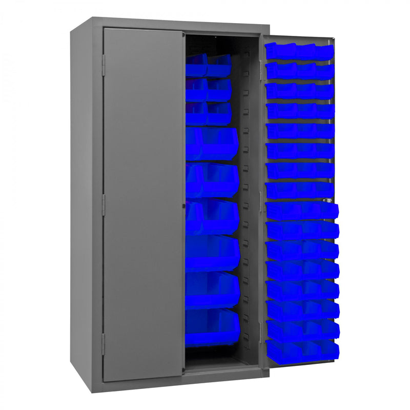 Durham Heavy Duty Cabinet, 14 Gauge, 36 x 24 x 72, 132 Blue Bins, Flush Doors with Louvered Panel, Gray