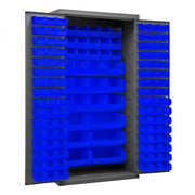 Durham Heavy Duty Cabinet, 14 Gauge, 36 x 24 x 72, 132 Blue Bins, Flush Doors with Louvered Panel, Gray