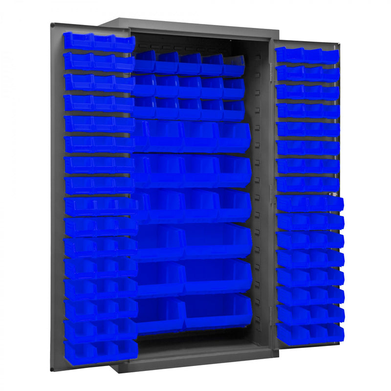 Durham Heavy Duty Cabinet, 14 Gauge, 36 x 24 x 72, 132 Blue Bins, Flush Doors with Louvered Panel, Gray
