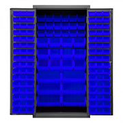 Durham Heavy Duty Cabinet, 14 Gauge, 36 x 24 x 72, 132 Blue Bins, Flush Doors with Louvered Panel, Gray