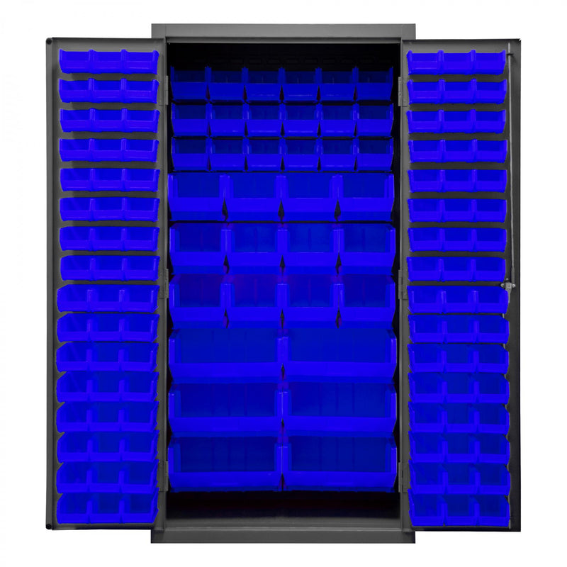 Durham Heavy Duty Cabinet, 14 Gauge, 36 x 24 x 72, 132 Blue Bins, Flush Doors with Louvered Panel, Gray
