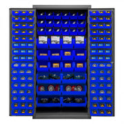 Durham Heavy Duty Cabinet, 14 Gauge, 36 x 24 x 72, 132 Blue Bins, Flush Doors with Louvered Panel, Gray