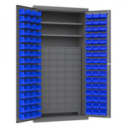 Durham Heavy Duty Cabinet, 14 Gauge, 36 x 24 x 72, 2 Adjustable Shelves, 96 Blue Bins, 60 Drawers