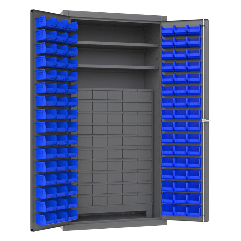 Durham Heavy Duty Cabinet, 14 Gauge, 36 x 24 x 72, 2 Adjustable Shelves, 96 Blue Bins, 60 Drawers
