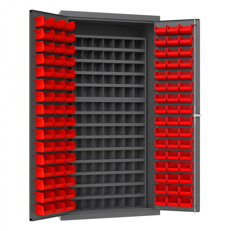 Durham Heavy Duty Cabinet, 14 Gauge, 36 x 24 x 72, 96 Red Bins, 112 Steel Bins