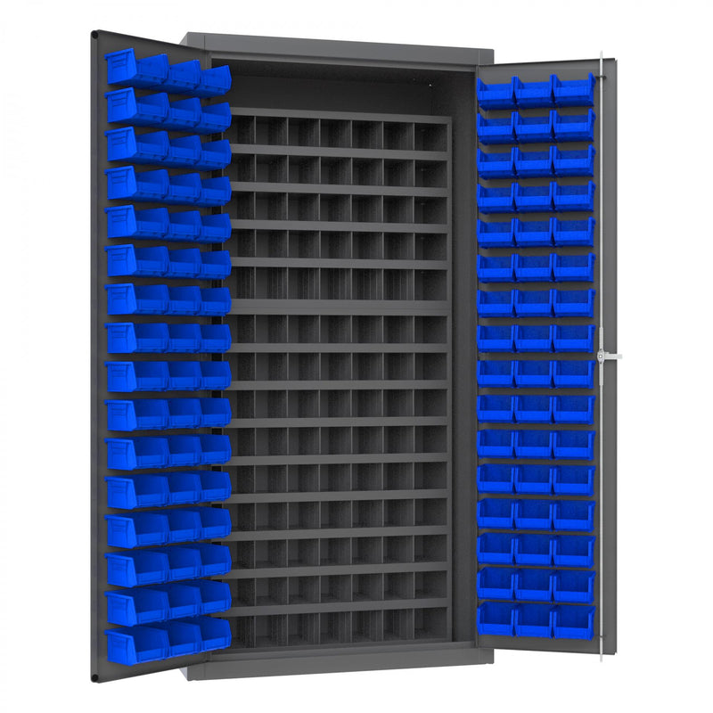 Durham Heavy Duty Cabinet, 14 Gauge, 36 x 24 x 72, 96 Blue Bins, 112 Steel Bins