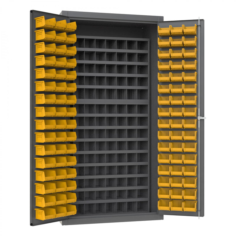 Durham Heavy Duty Cabinet, 14 Gauge, 36 x 24 x 72, 96 Yellow Bins, 112 Steel Bins