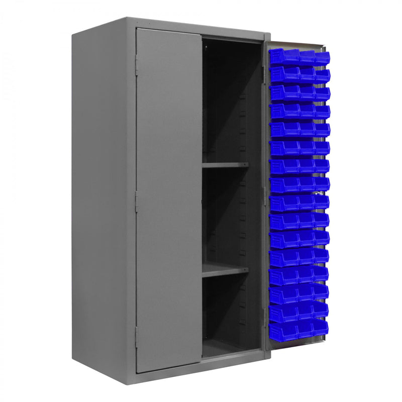 Durham Heavy Duty Cabinet, 14 Gauge, 36 x 24 x 72, 2 Adjustable Shelves, 96 Blue Bins, Pegboard Back