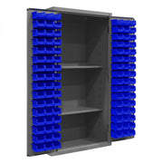 Durham Heavy Duty Cabinet, 14 Gauge, 36 x 24 x 72, 2 Adjustable Shelves, 96 Blue Bins, Pegboard Back