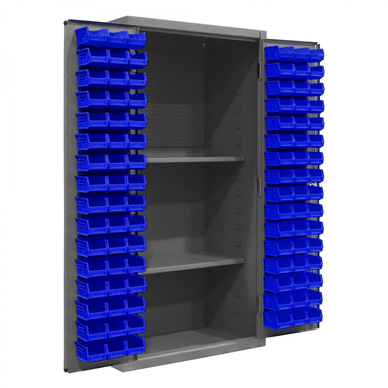 Durham Heavy Duty Cabinet, 14 Gauge, 36 x 24 x 72, 2 Adjustable Shelves, 96 Blue Bins, Pegboard Back