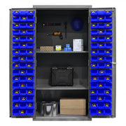 Durham Heavy Duty Cabinet, 14 Gauge, 36 x 24 x 72, 2 Adjustable Shelves, 96 Blue Bins, Pegboard Back
