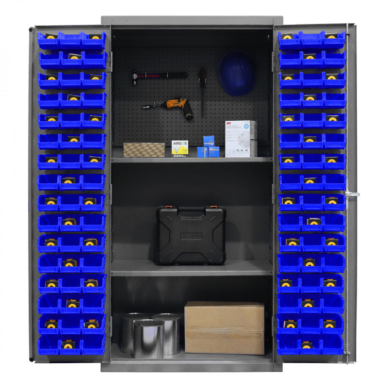 Durham Heavy Duty Cabinet, 14 Gauge, 36 x 24 x 72, 2 Adjustable Shelves, 96 Blue Bins, Pegboard Back