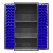Durham Heavy Duty Cabinet, 14 Gauge, 36 x 24 x 72, 2 Adjustable Shelves, 96 Blue Bins, Pegboard Back