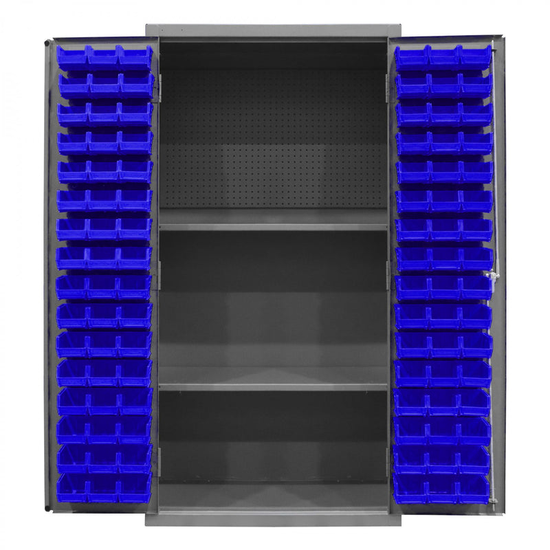 Durham Heavy Duty Cabinet, 14 Gauge, 36 x 24 x 72, 2 Adjustable Shelves, 96 Blue Bins, Pegboard Back