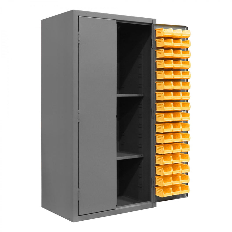 Durham Heavy Duty Cabinet, 14 Gauge, 36 x 24 x 72, 2 Adjustable Shelves, 96 Yellow Bins, Pegboard Back
