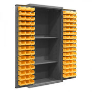 Durham Heavy Duty Cabinet, 14 Gauge, 36 x 24 x 72, 2 Adjustable Shelves, 96 Yellow Bins, Pegboard Back