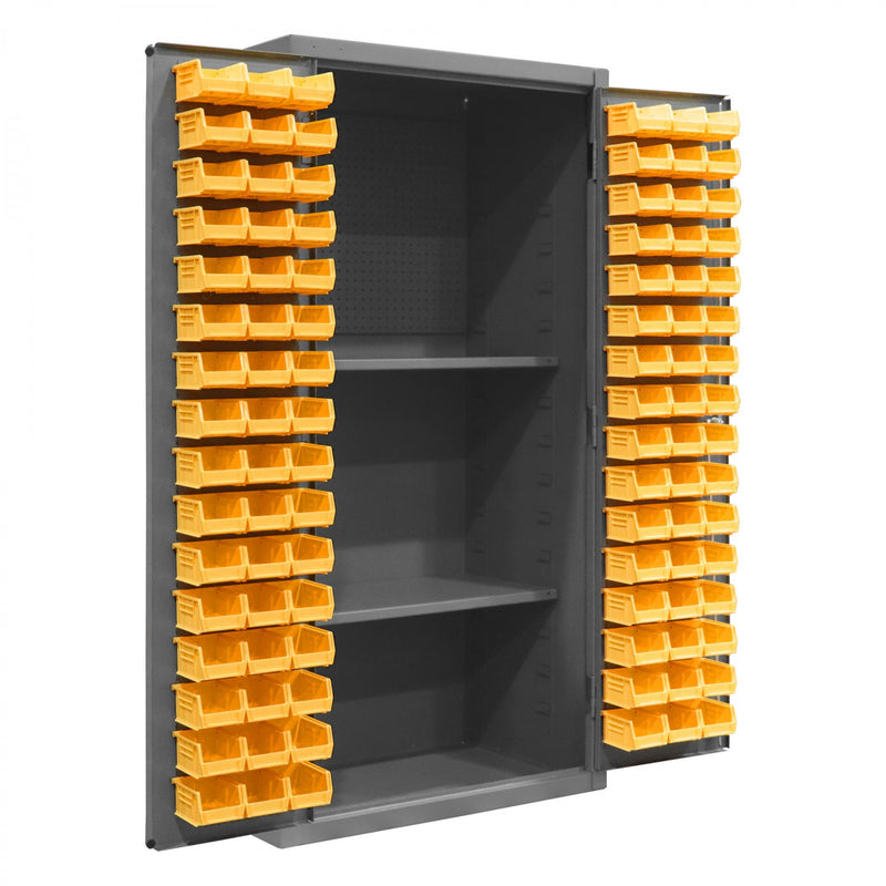 Durham Heavy Duty Cabinet, 14 Gauge, 36 x 24 x 72, 2 Adjustable Shelves, 96 Yellow Bins, Pegboard Back