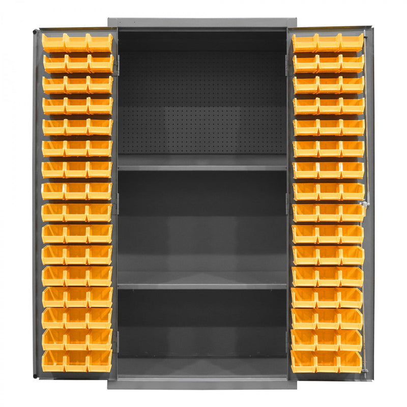 Durham Heavy Duty Cabinet, 14 Gauge, 36 x 24 x 72, 2 Adjustable Shelves, 96 Yellow Bins, Pegboard Back