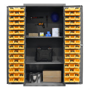 Durham Heavy Duty Cabinet, 14 Gauge, 36 x 24 x 72, 2 Adjustable Shelves, 96 Yellow Bins, Pegboard Back