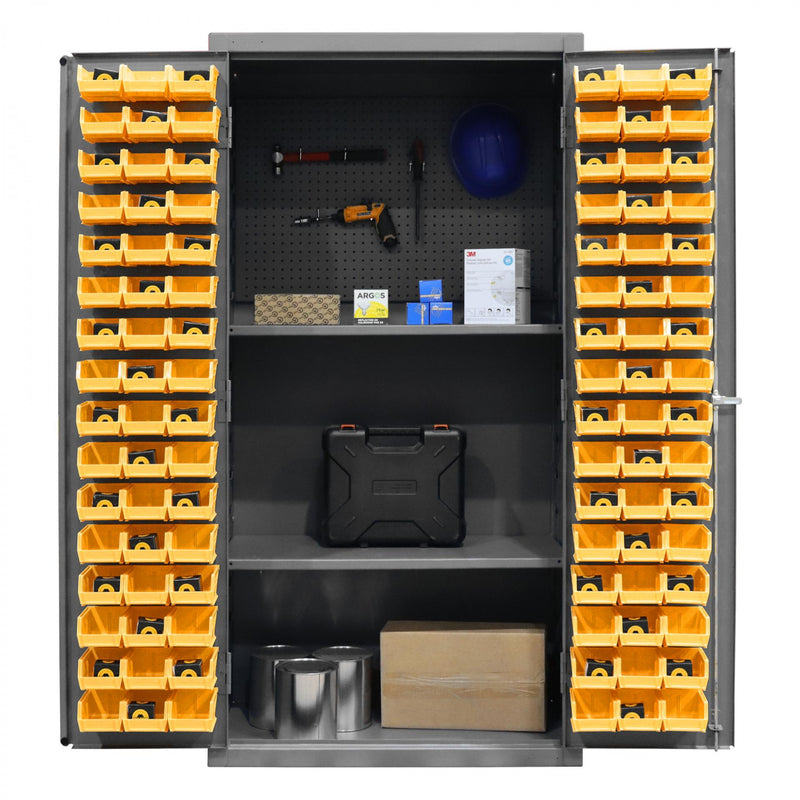 Durham Heavy Duty Cabinet, 14 Gauge, 36 x 24 x 72, 2 Adjustable Shelves, 96 Yellow Bins, Pegboard Back