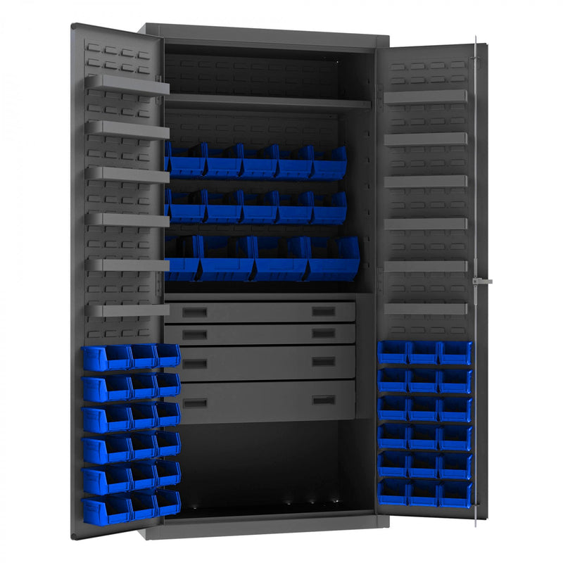 Durham Heavy Duty Cabinet, 14 Gauge, 36 x 24 x 72, 1 Fixed Shelf, 1 Adjustable Shelf, 52 Blue Bins