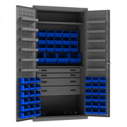 Durham Heavy Duty Cabinet, 14 Gauge, 36 x 24 x 72, 1 Fixed Shelf, 1 Adjustable Shelf, 58 Blue Bins