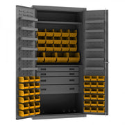 Durham Heavy Duty Cabinet, 14 Gauge, 36 x 24 x 72, 1 Fixed Shelf, 1 Adjustable Shelf, 58 Yellow Bins