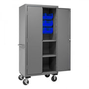 Durham Mobile Cabinet, 14 Gauge, 36 x 24 x 81, 2 Adjustable Shelves, 12 Blue Bins, Flush Doors