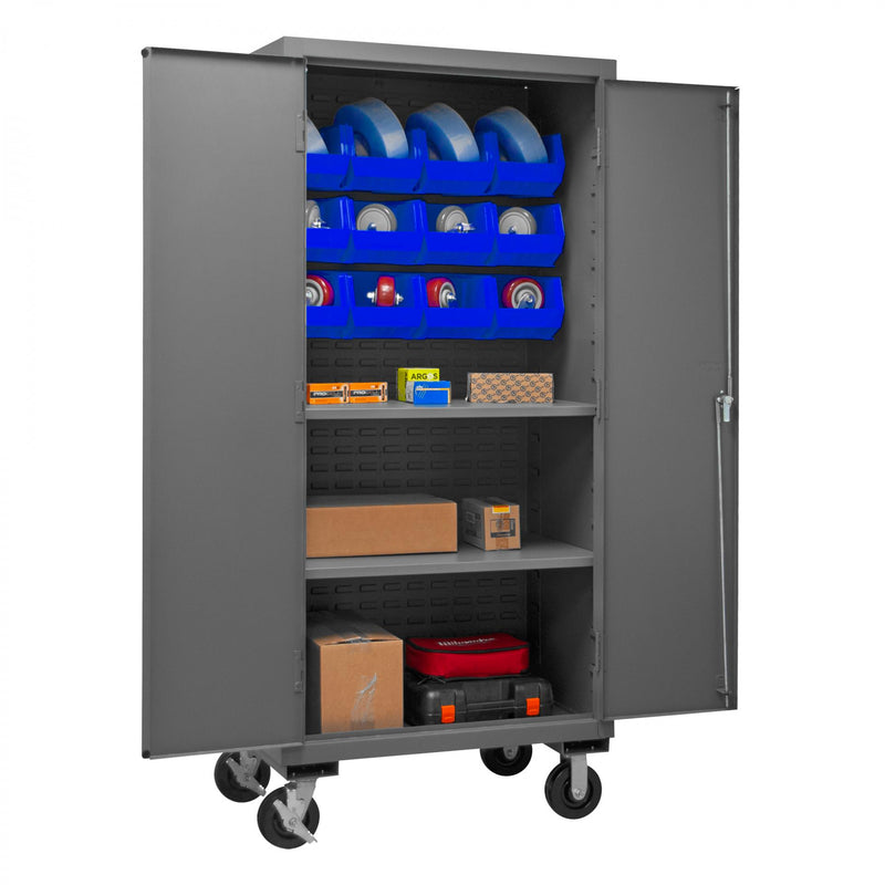 Durham Mobile Cabinet, 14 Gauge, 36 x 24 x 81, 2 Adjustable Shelves, 12 Blue Bins, Flush Doors