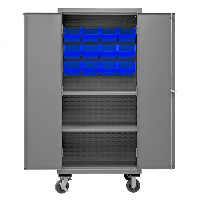 Durham Mobile Cabinet, 14 Gauge, 36 x 24 x 81, 2 Adjustable Shelves, 12 Blue Bins, Flush Doors