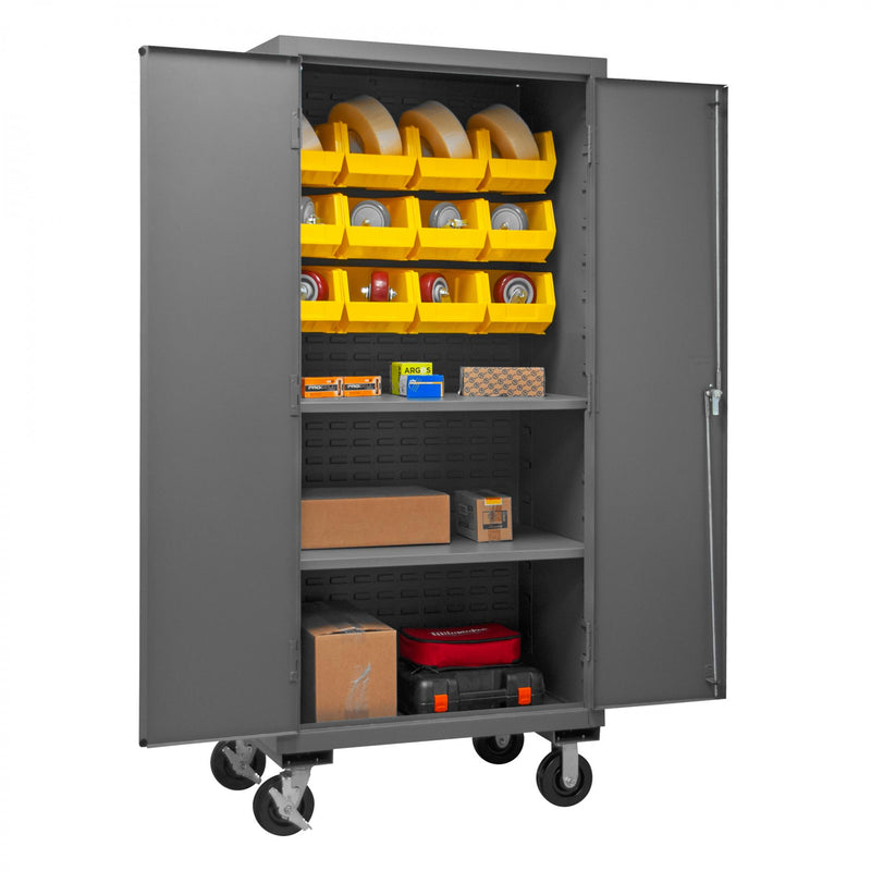 Durham Mobile Cabinet, 14 Gauge, 36 x 24 x 81, 2 Adjustable Shelves, 12 Yellow Bins, Flush Doors