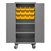 Durham Mobile Cabinet, 14 Gauge, 36 x 24 x 81, 2 Adjustable Shelves, 12 Yellow Bins, Flush Doors